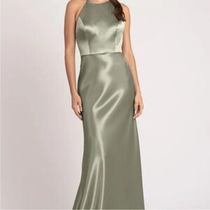 JENNY YOO Sage Green Satin Alessia Criss Cross Back Long Formal Dress Size 2